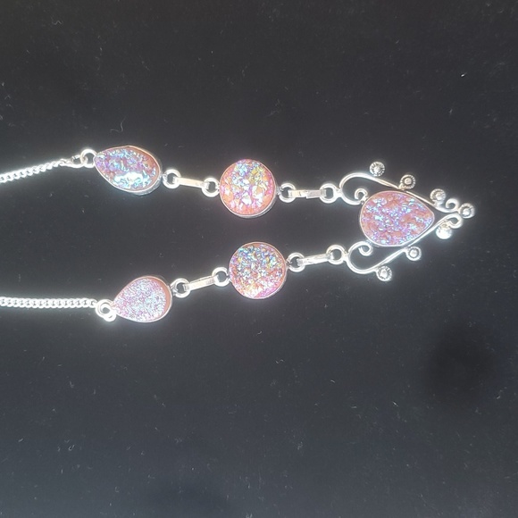 New Rough Peach Titanium Druzy Heart Shaped 925 Silver Necklace. - Picture 4 of 10